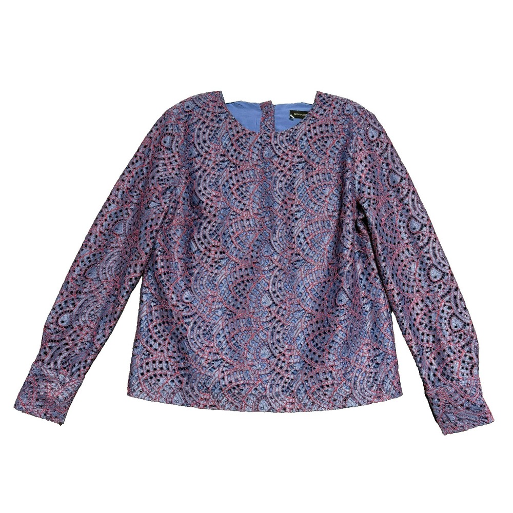 Banana Republic Blouse M Blue Red Guipure Lace Cottagecore Boho Romantic Office